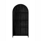 Armadietto Decorativo ad Arco da 193 cm Nero: Struttura in Ferro, Superficie in Vetro, Ripiani Fissi