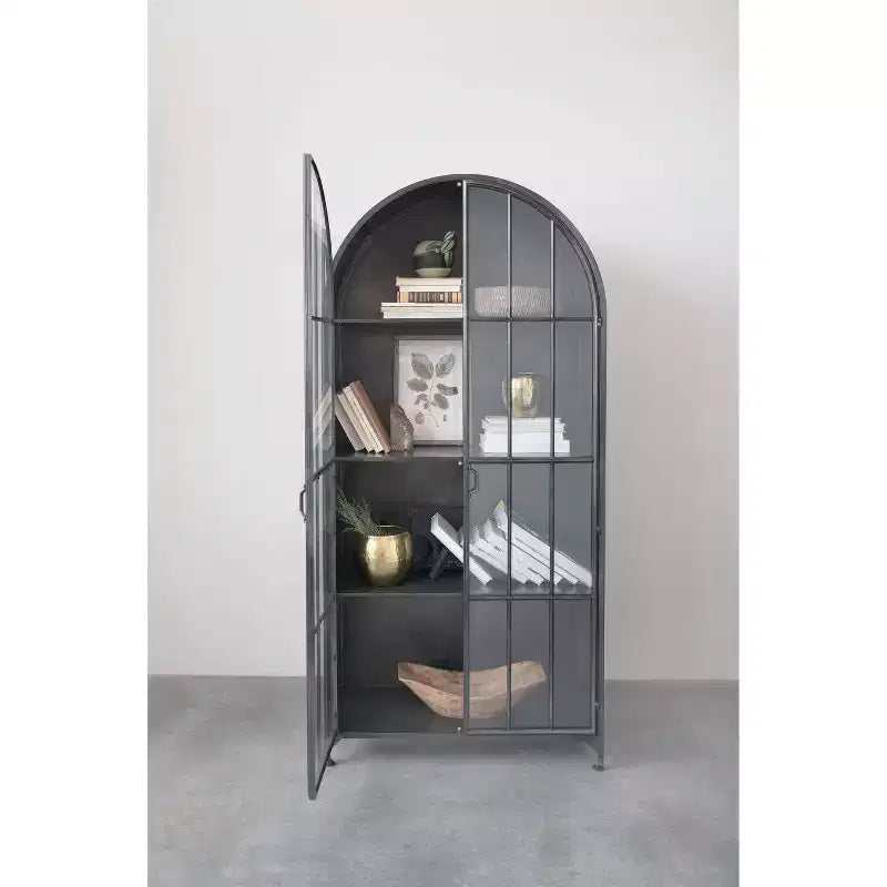 Armadietto Decorativo ad Arco da 193 cm Nero: Struttura in Ferro, Superficie in Vetro, Ripiani Fissi