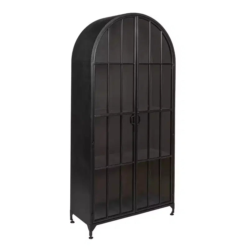 Armadietto Decorativo ad Arco da 193 cm Nero: Struttura in Ferro, Superficie in Vetro, Ripiani Fissi