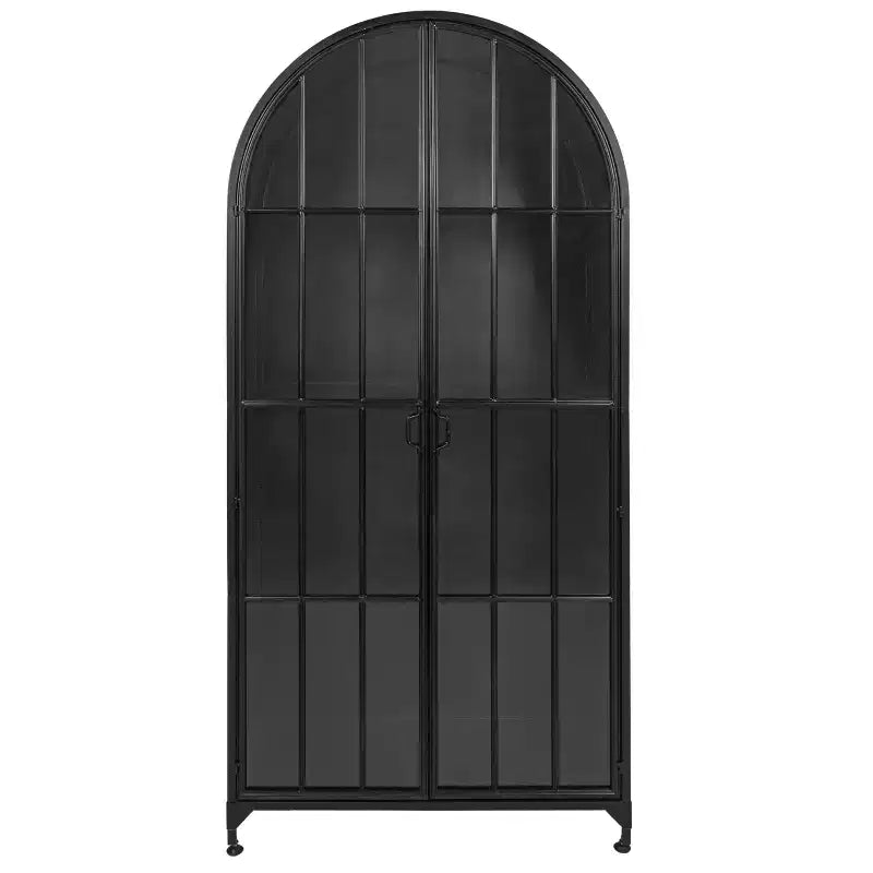 Armadietto Decorativo ad Arco da 193 cm Nero: Struttura in Ferro, Superficie in Vetro, Ripiani Fissi
