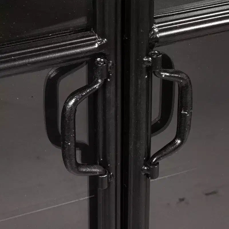 Armadietto Decorativo ad Arco da 193 cm Nero: Struttura in Ferro, Superficie in Vetro, Ripiani Fissi