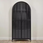 Armadietto Decorativo ad Arco da 193 cm Nero: Struttura in Ferro, Superficie in Vetro, Ripiani Fissi
