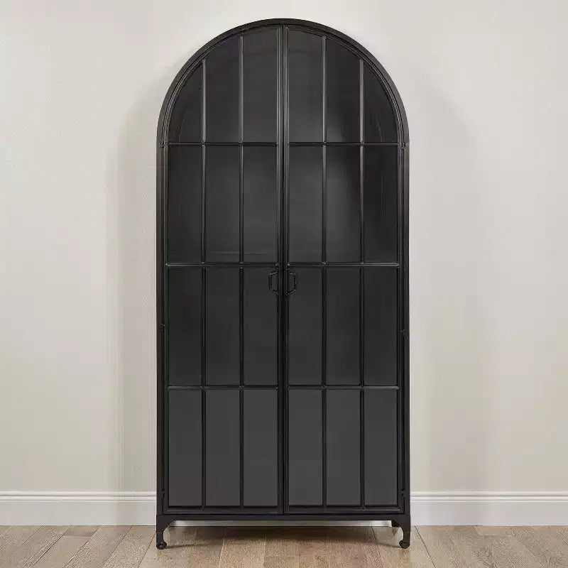 Armadietto Decorativo ad Arco da 193 cm Nero: Struttura in Ferro, Superficie in Vetro, Ripiani Fissi
