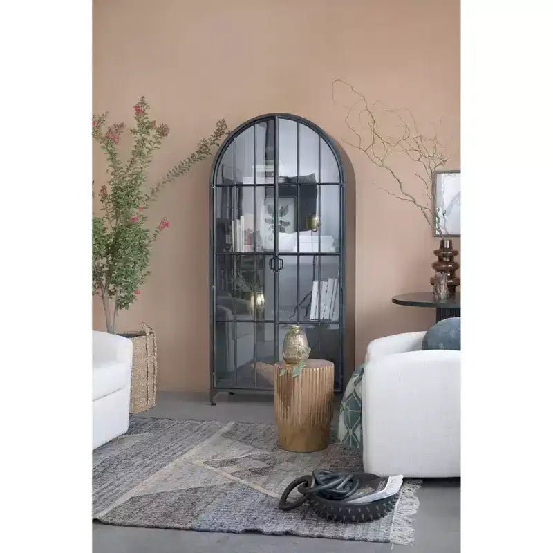 Armadietto Decorativo ad Arco da 193 cm Nero: Struttura in Ferro, Superficie in Vetro, Ripiani Fissi