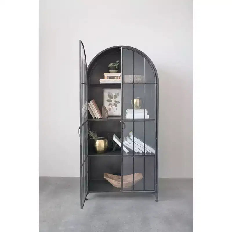 Armadietto Decorativo ad Arco da 193 cm Nero: Struttura in Ferro, Superficie in Vetro, Ripiani Fissi