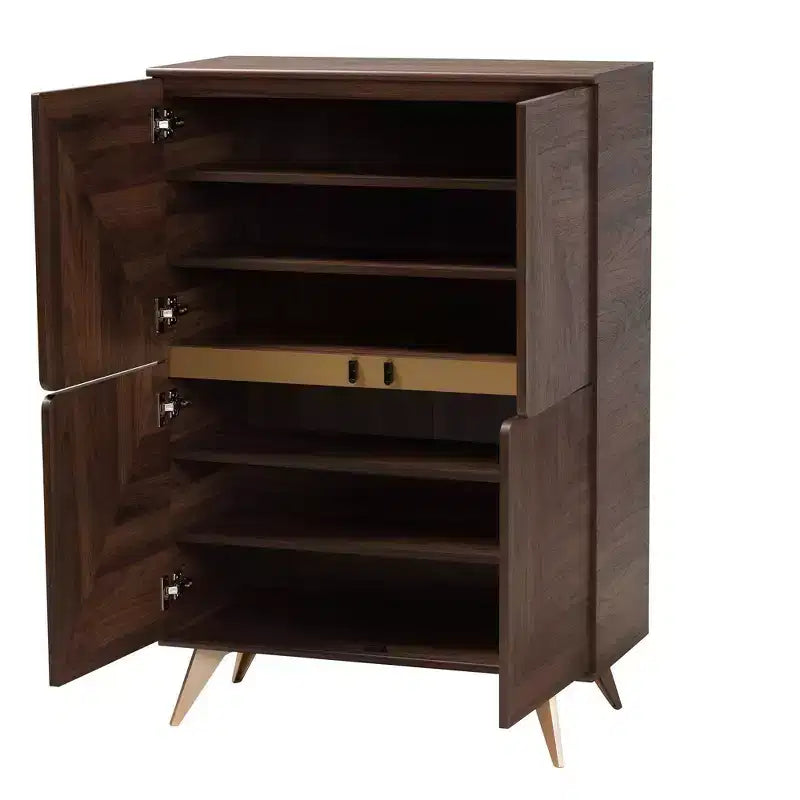 Scarpiera Graceland in legno Noce/Oro: design di metà secolo, 6 ripiani, organizza 18 paia