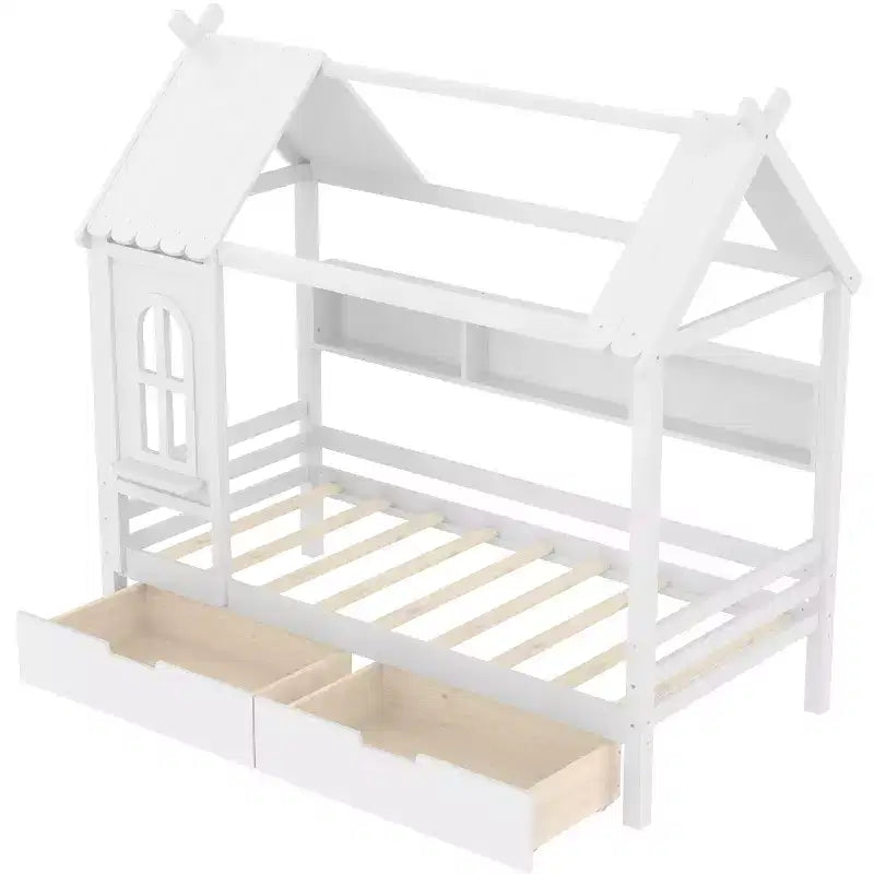 Letto a piattaforma a forma di casa con cassetti contenitori e finestra, struttura in legno massello con mensole, design giocoso per bambini, bianco chiaro
