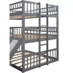 Letto a Castello Triplo Full Over Full con Scaletta Convertibile e Scivolo, Letto Triplo con Sponde di Protezione, Bianco/Grigio/Espresso - ModernLuxe