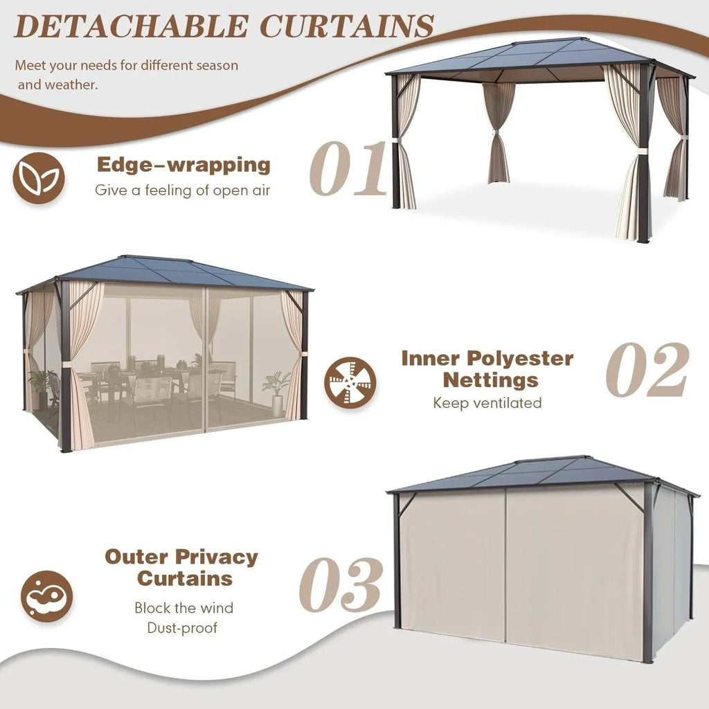 EROMMY Gazebo a tetto rigido, Pergola da esterno con doppio tetto, zanzariere e tende, Tenda da sole resistente per patio, cortile, feste in piscina