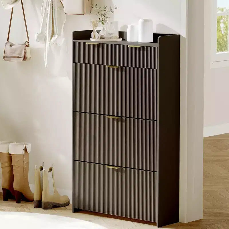 Moderna scarpiera bianca con 3 cassetti a ribalta e 2 cassetti piccoli e gancio, porta scarpe sottile scanalato, mobile stretto per ingresso