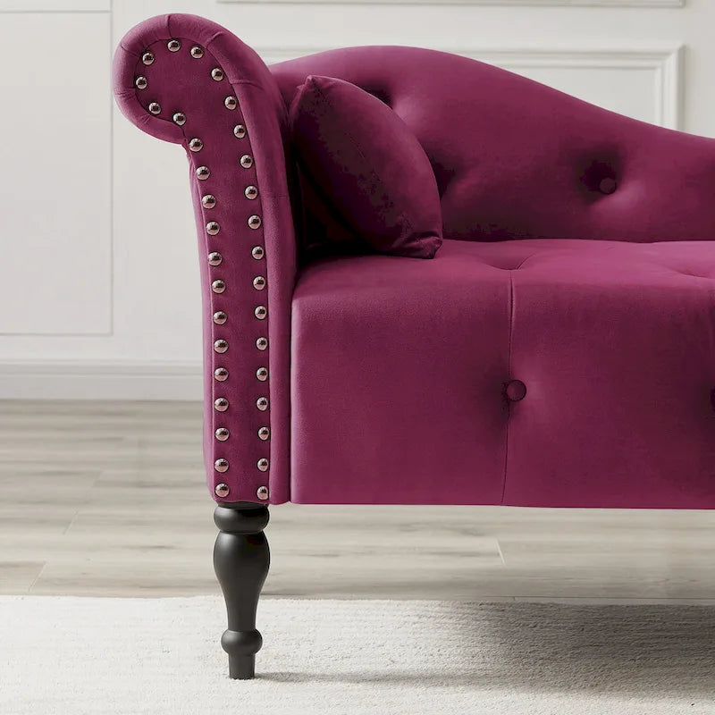 Moderna poltrona a sdraio imbottita in velluto da 60,6" con bottoni capitonné, gambe in legno massello e borchie