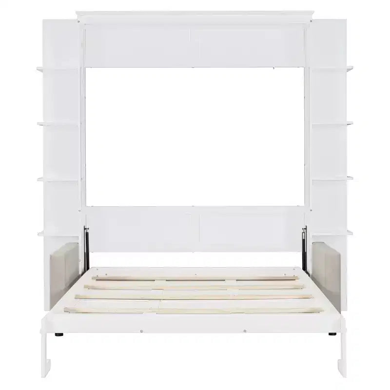 Letto a muro a scomparsa Whisen Modern Design con struttura in legno, Queen Size, con divano e mensole