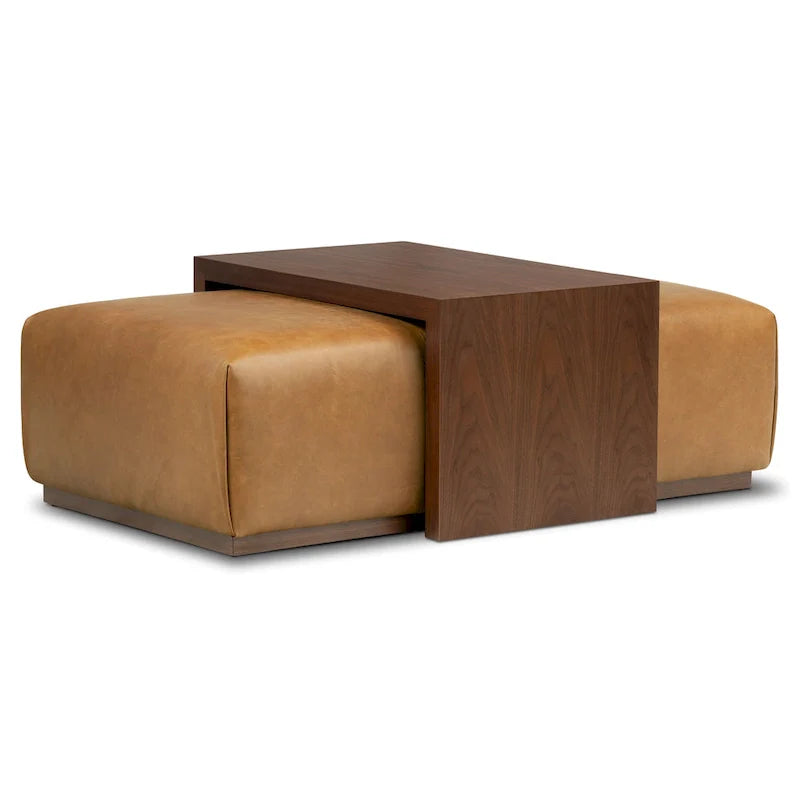 Pouf Jarmo Poly & Bark con Tavolino Regolabile in Noce - Vera Pelle Italiana Pieno Fiore