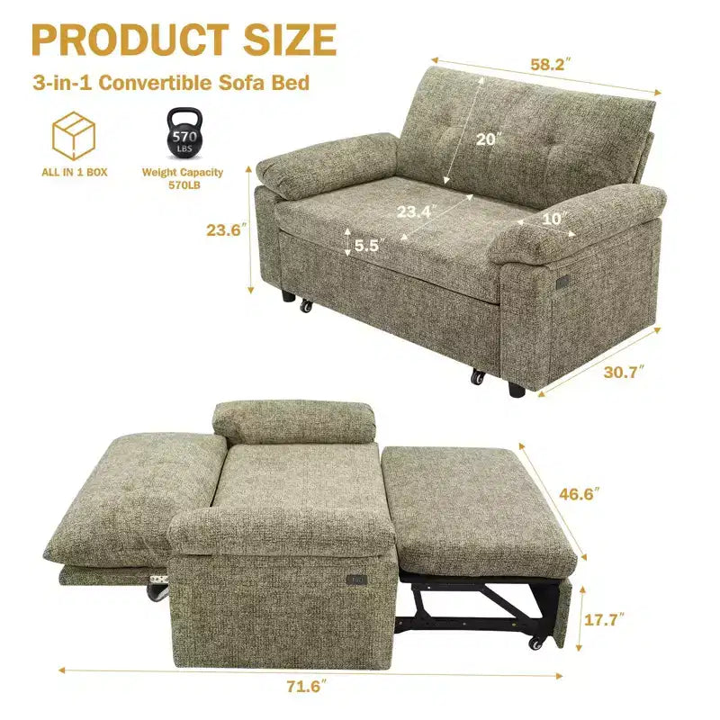 Dyonery Divano Letto Convertibile 3-in-1, Divano Letto Estraibile con Schienale Regolabile