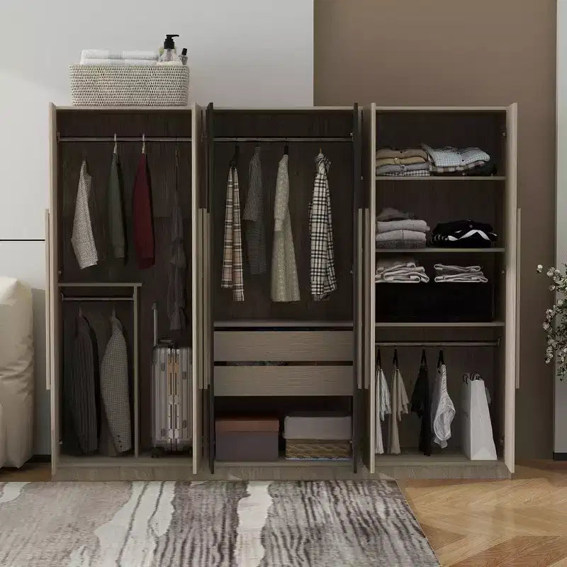 Armadio a 6 ante con 2 cassetti, binari appendiabiti e ripiani, nero+naturale - ModernLuxe