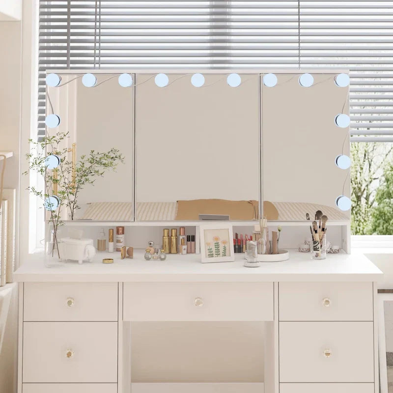Lussuosa Toeletta da Trucco a LED con 9 Cassetti Elegante Postazione Trucco