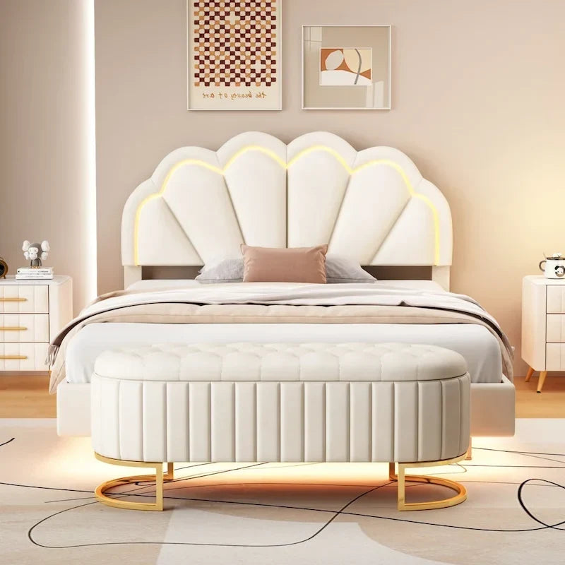 Comodino a 2 Pezzi Letto a Piattaforma Matrimoniale a LED con Pouf Contenitore