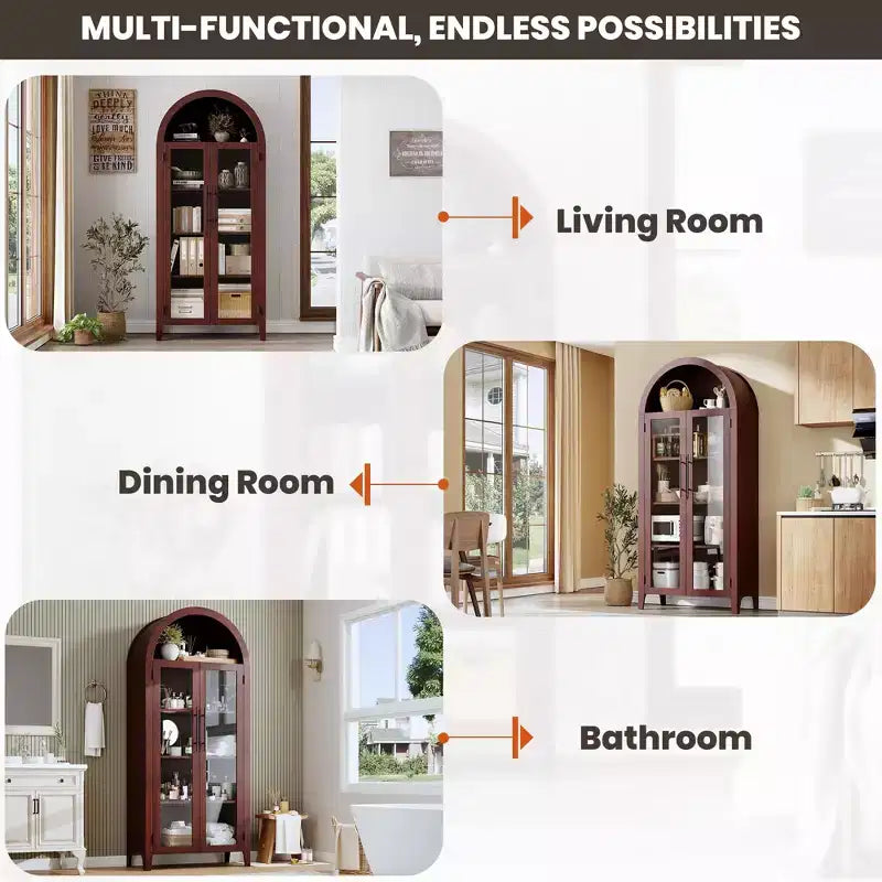 Mobile Contenitore Alto Ad Arco con Ante in Vetro, Libreria Espositiva a 5 Ripiani con Mensole Regolabili per Cucina o Soggiorno
