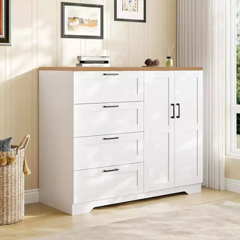 Guardaroba Armadio in Legno H 43.3 con 4 Cassetti e Asta Appendiabiti, Mobile Contenitore Multifunzionale per Camera da Letto
