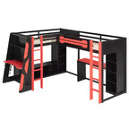 Letto a soppalco a L da gaming con scrivanie, letti a soppalco doppi con luci LED, porte USB, scaffali portaoggetti, letto a soppalco ad angolo in legno per 2