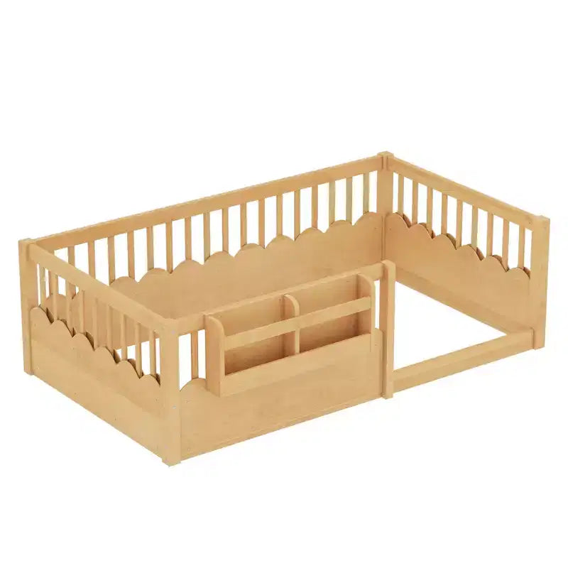 Letto a terra per bambini Bellemave con recinzione rialzata e libreria, struttura letto matrimoniale in legno Montessori per bambine e bambini