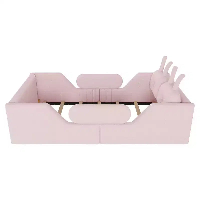 Whisen Twin - Letto a piattaforma, Letto imbottito da pavimento per bambini con cuscino a coniglio, Sponde laterali rimovibili