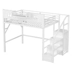 Letto a soppalco ModernLuxe matrimoniale/queen size con scale e armadio integrato, struttura letto in metallo con luci a LED, stazione di ricarica USB e ripiani portaoggetti