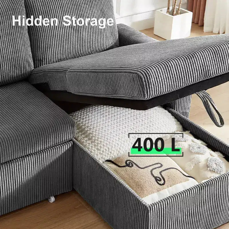 Dyonery Divano Letto Angolare 81, Divano Estraibile a L con Chaise Longue Reversibile con Contenitore, USB, Schienale Reclinabile