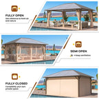 EROMMY Gazebo a tetto rigido, Pergola da esterno con doppio tetto, zanzariere e tende, Tenda da sole resistente per patio, cortile, feste in piscina