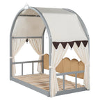Letto a piattaforma in legno massiccio a forma di casetta, letto Montessori a terra con tetto ad arco e letto estraibile per bambine e bambini