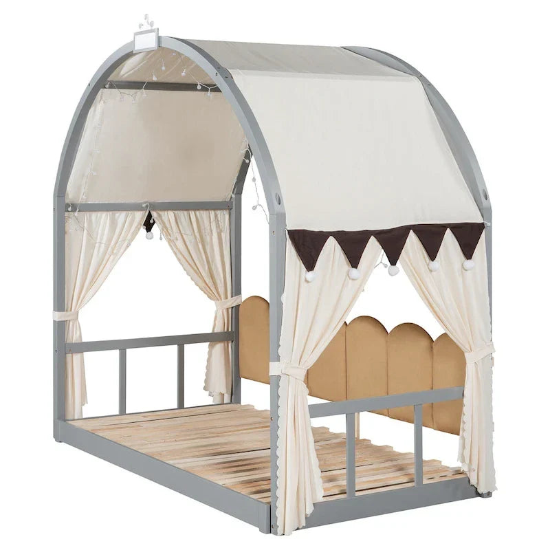 Letto a piattaforma in legno massiccio a forma di casetta, letto Montessori a terra con tetto ad arco e letto estraibile per bambine e bambini