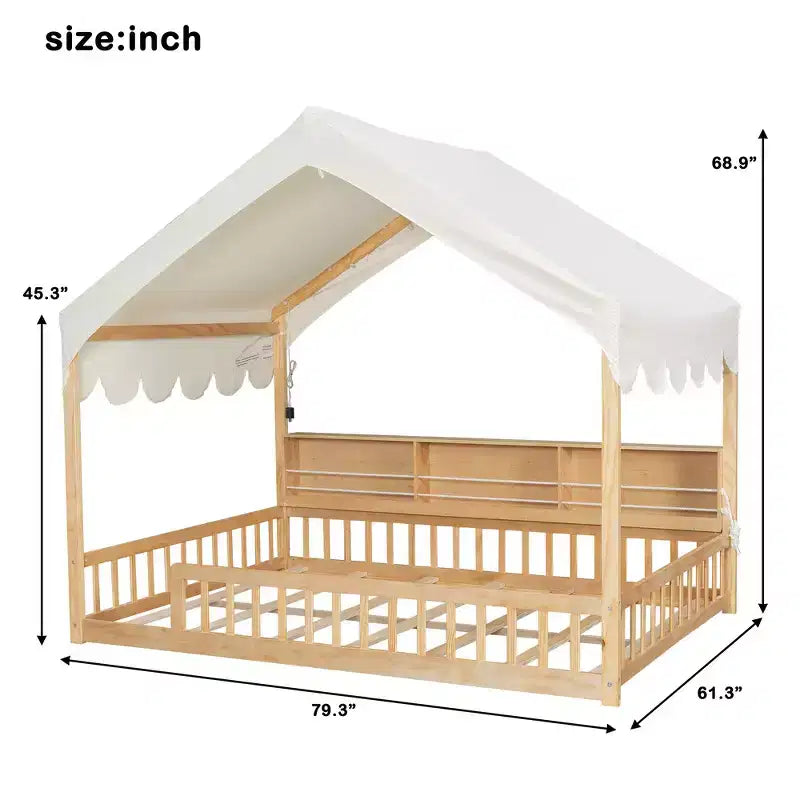 Whisen Letto a terra in legno a grandezza naturale, divano letto a forma di casetta con recinzione, 3 mensole portaoggetti, tenda