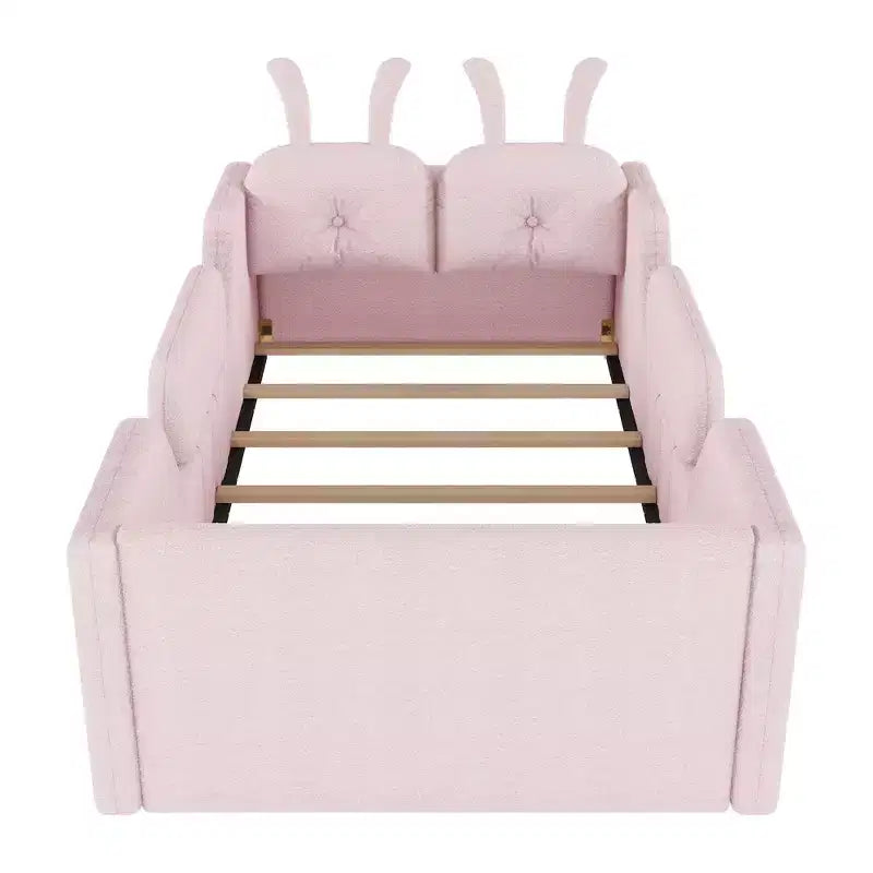 Whisen Twin - Letto a piattaforma, Letto imbottito da pavimento per bambini con cuscino a coniglio, Sponde laterali rimovibili