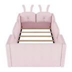 Whisen Twin - Letto a piattaforma, Letto imbottito da pavimento per bambini con cuscino a coniglio, Sponde laterali rimovibili