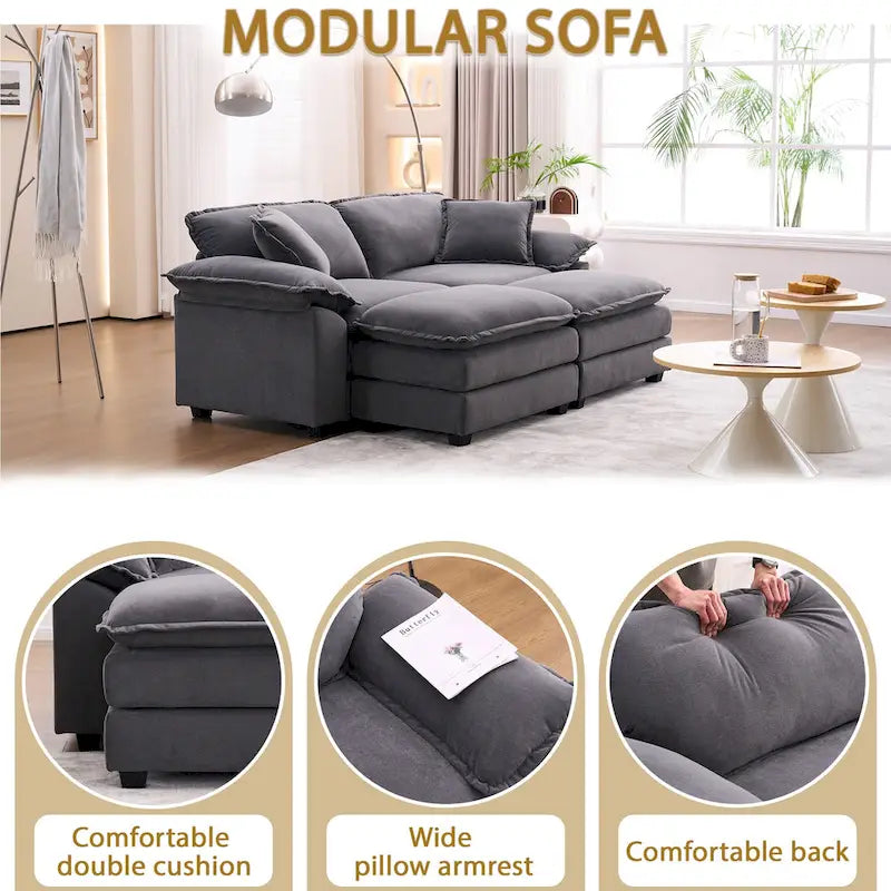 Divano a 2 posti con 2 cuscini, 2 guanciali e 2 pouf, divano confortevole - Divano profondo da soggiorno, divano modulare