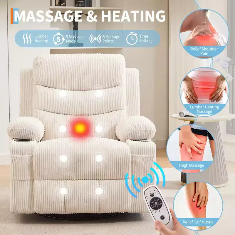 Poltrona Reclinabile Girevole a Dondolo con Massaggio e Riscaldamento, Girevole a 360° con Portabicchieri e Tasche Laterali, Divano Ergonomico per Soggiorno, Camper, Cameretta