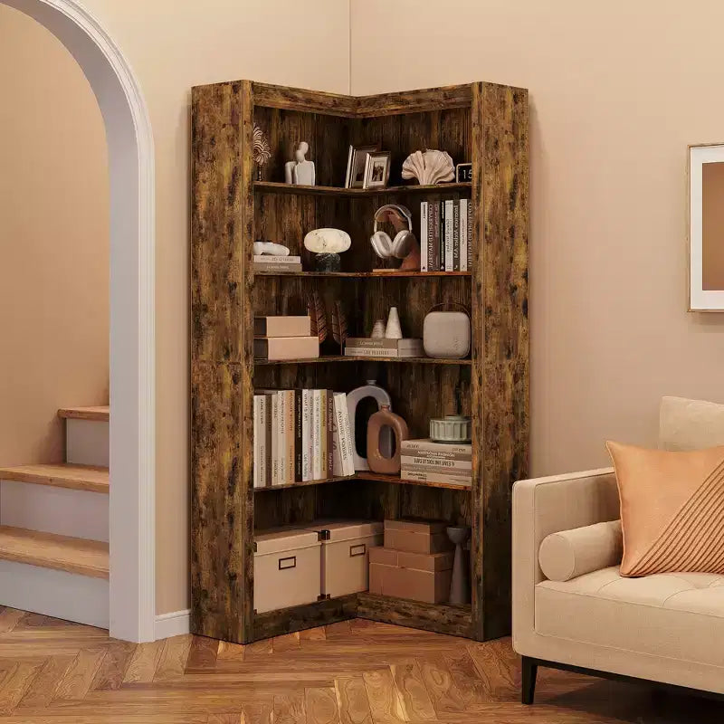 Libreria angolare a 5 ripiani a forma di L, in stile retrò, Bianco/Nero/Legno, singola