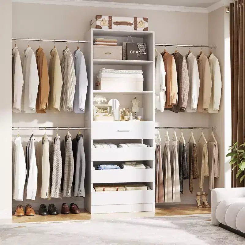 Besiost Sistema Organizer per Armadio in Legno 4-9 piedi con 4 Cassetti, 4 Aste Appendiabiti e Torri Scaffale
