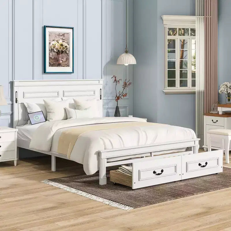 ModernLuxe Letto a Piattaforma Queen/King Size con Testiera Alta, Struttura Letto Rustica in Legno con 2 Cassetti, Luci LED e Porte USB