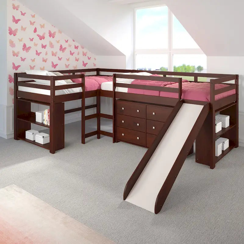 Set camera da letto a soppalco con scivolo a L, doppia matrimoniale, color cappuccino scuro