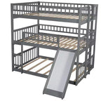 Letto a Castello Triplo Full Over Full con Scaletta Convertibile e Scivolo, Letto Triplo con Sponde di Protezione, Bianco/Grigio/Espresso - ModernLuxe