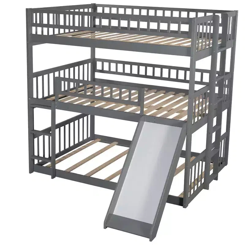 Letto a Castello Triplo Full Over Full con Scaletta Convertibile e Scivolo, Letto Triplo con Sponde di Protezione, Bianco/Grigio/Espresso - ModernLuxe