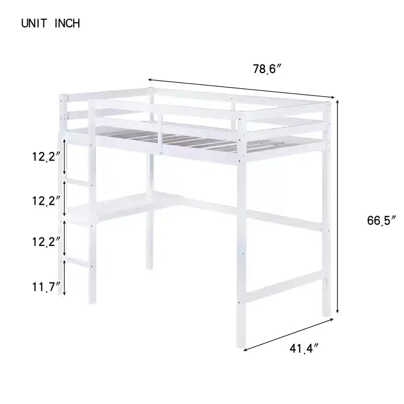 Letto a soppalco Okak Minimalism con scaletta, letto a soppalco singolo in legno di gomma con spondina di sicurezza e scrivania integrata, telai per letti per bambini, ragazzi