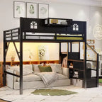 Letto a soppalco ModernLuxe matrimoniale/queen size con scale e armadio integrato, struttura letto in metallo con luci a LED, stazione di ricarica USB e ripiani portaoggetti