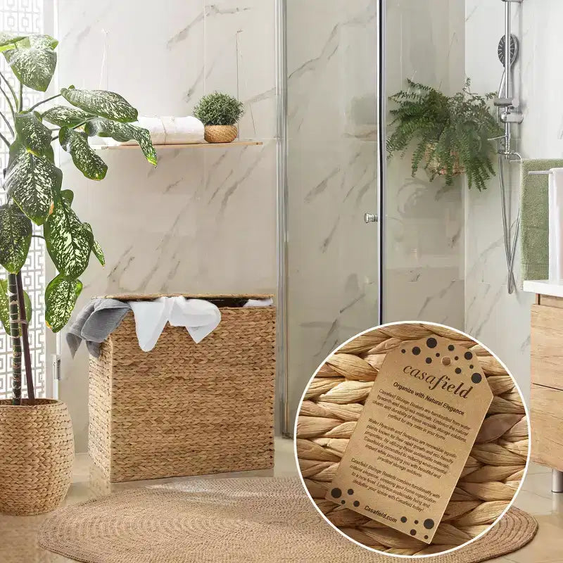 Casafield Cesto Portabiancheria a 2 Scomparti con Coperchio e Sacchi Rimovibili, Ordina Biancheria in Giunchino Intrecciato per Vestiti