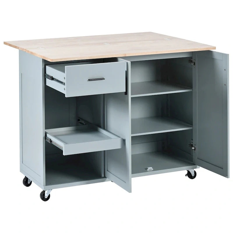 Isola da cucina con piano pieghevole, carrello da cucina con ripiano estraibile, portasciugamani e cassetto, ruote girevoli