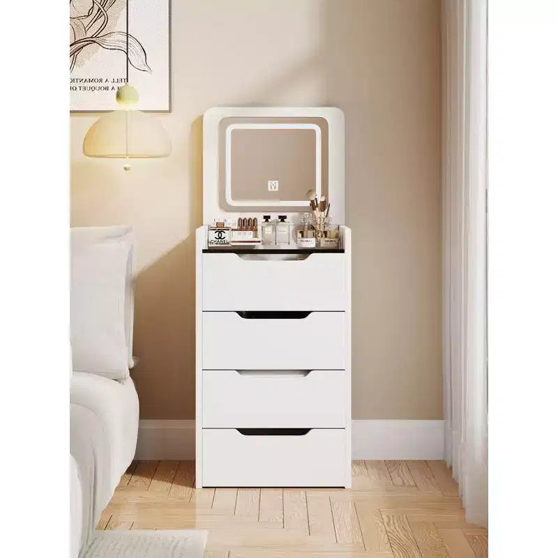 Okak Tavolo da toeletta 3 in 1 con specchio a scomparsa, toeletta compatta con piano in vetro a vista e sgabello imbottito, scrivania da toeletta per camera da letto