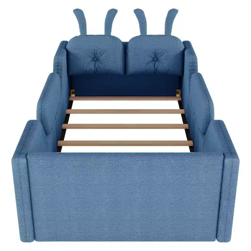 Whisen Twin - Letto a piattaforma, Letto imbottito da pavimento per bambini con cuscino a coniglio, Sponde laterali rimovibili