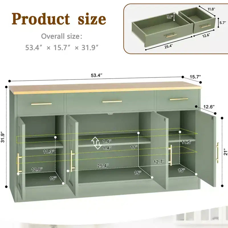 Mobile Buffet Celebalcony con Contenitore, Grande Mobile Contenitore da Cucina da 53,4 pollici con 3 Cassetti e 4 Ante, Ripiano Regolabile per Cucina, Soggiorno