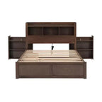 Letto matrimoniale con contenitore, rotelle estraibili, testiera libreria e stazione di ricarica, struttura letto in legno matrimoniale con mensole e cassetti